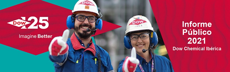 Graphic promoting 2021 Spain Public Report with smiling Dow employees