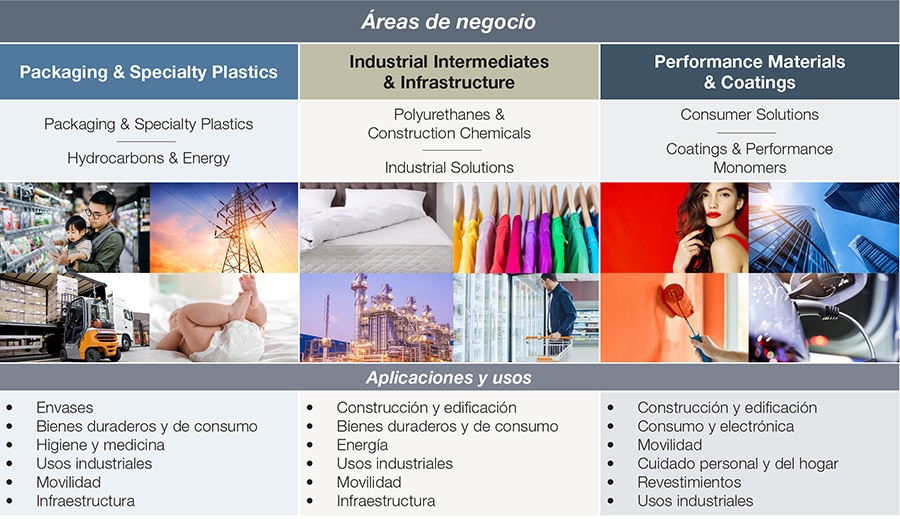 graphic showing application areas of Dow business groups