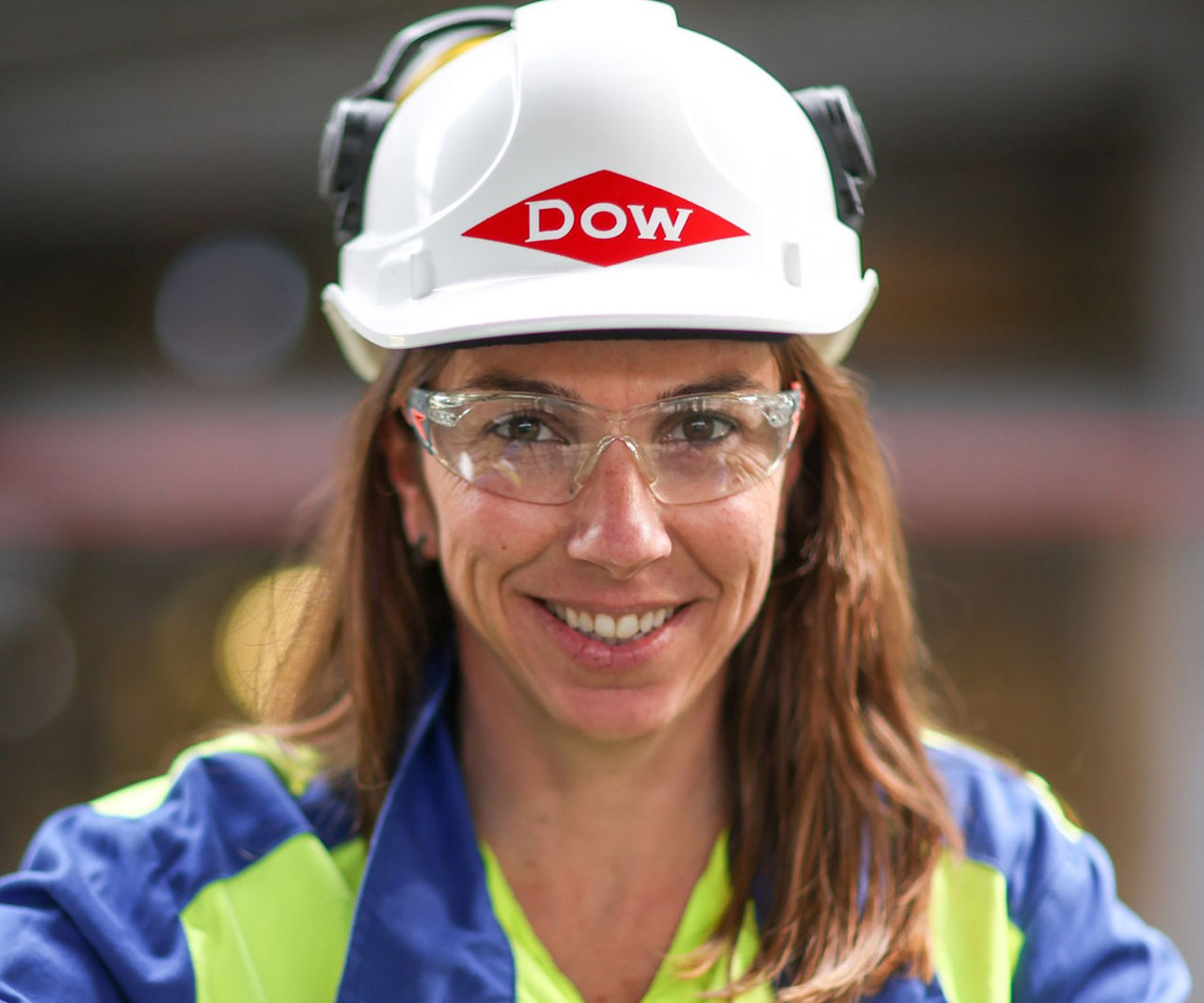female worker in Dow hard hat